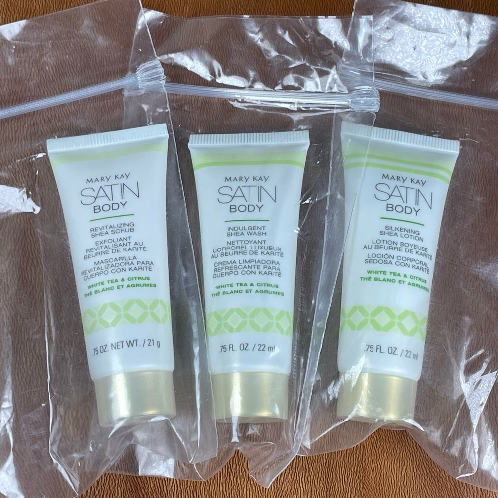 Mary Kay Satin Hands White Tea Citrus Travel Size Set Wash Scrub Lotion.75oz NEW - Picture 2 of 7